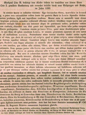 Aus: Codex diplomaticus Brandenburgensis, Sammlung der Urkunden, Chroniken und sonstigen Quellenschriften für die Geschichte der Mark Brandenburg und ihrer Regenten, hrsg. von Adolph Friedrich Riedel, Hauptt. I, Bd. 10, Berlin 1856, S. 408f. (Nachtrag). 